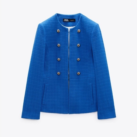 Zara Women Blue High Neck Double Breasted Textured Tailored Cotton Blazer Size M - Picture 8 of 17